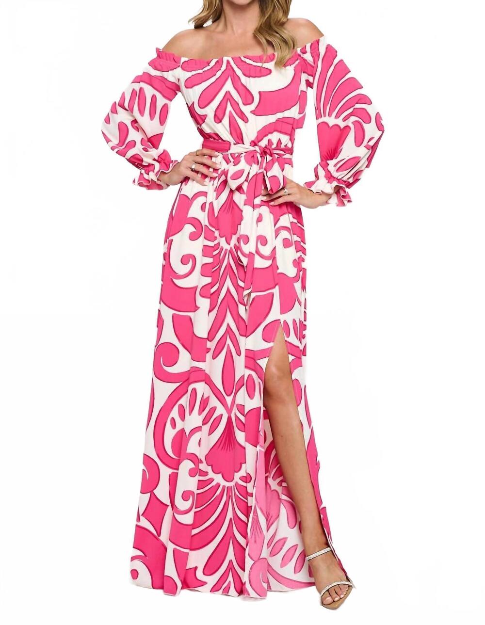 NEW RICARICA printed off shoulder maxi dress in fuchsia